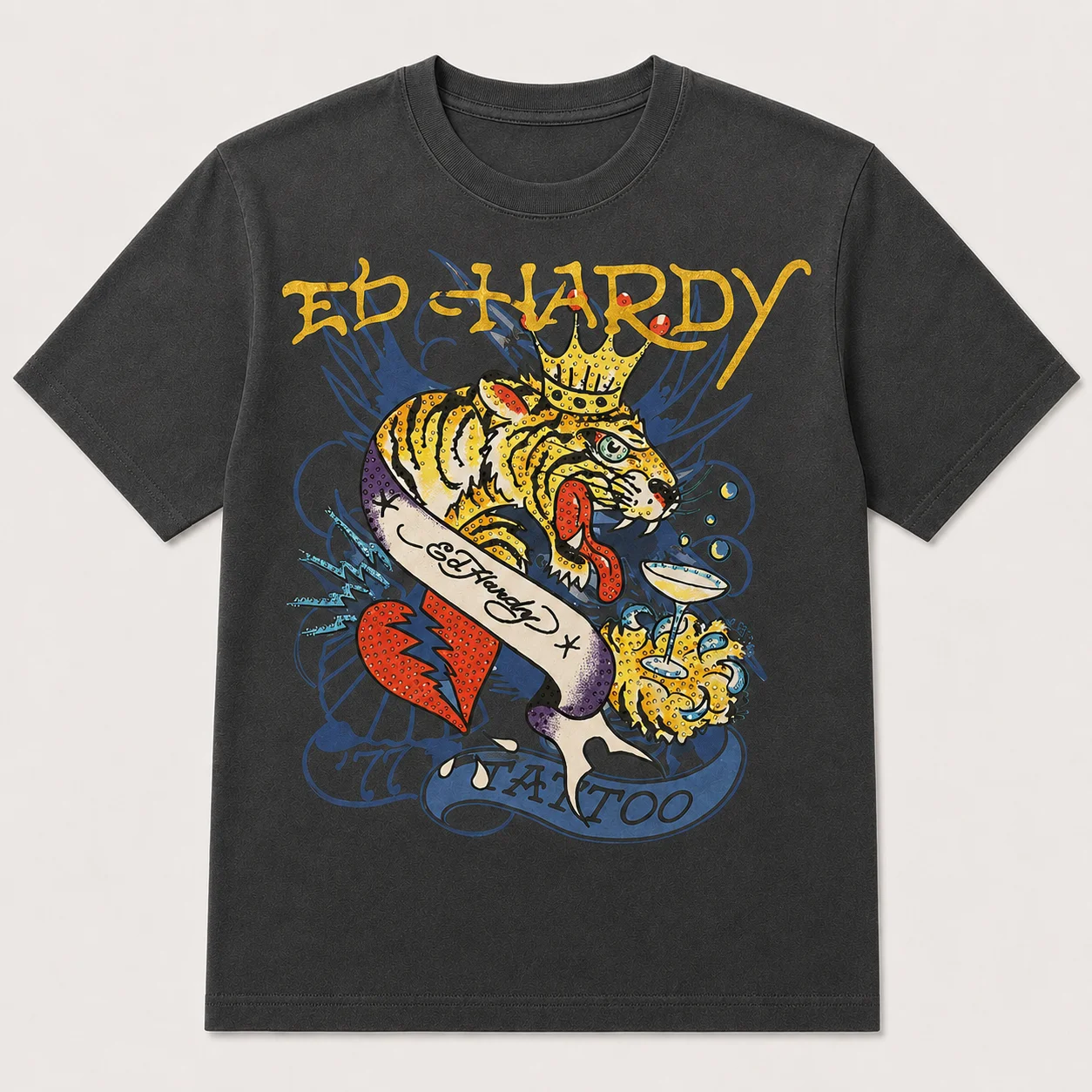 Y2K Harajuku Streetwear Rundhals-T-Shirt mit Gold-Gothic-Schrift und Kronen-Tiger-Tattoo-Banner-Druck, atmungsaktives Baumwoll-Oberteil für Männer und Frauen – Detail 7
