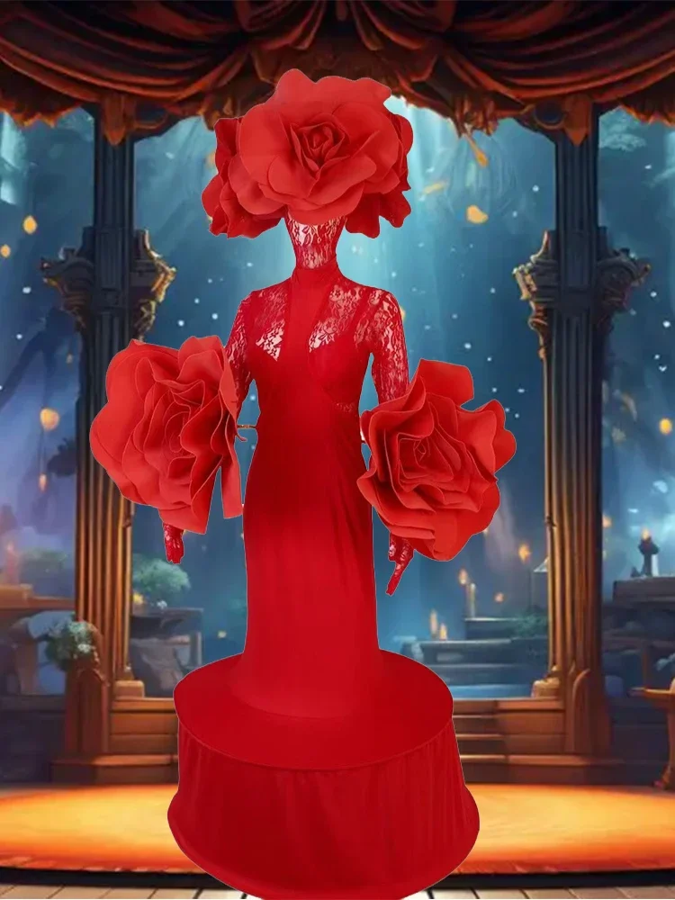 

Red Flower show dress headwear Mesh See Through show costume Parade Model Tailed skirt Dance Singer Nightclub festival outfit