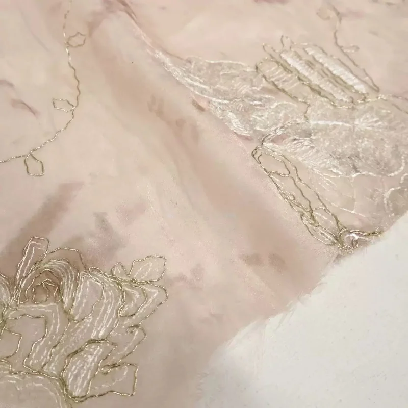 Pink Ink Wash Dyed Gold Thread Embroidery Tulle Fabric Chinese Style Designer Dress Camisole Hanfu DIY Fashion Sewing Material
