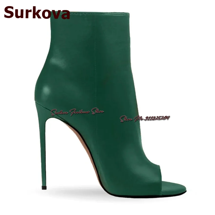 

Surkova Dark Green Matte Leather Stiletto Heel Ankle Boots Open Toe Zipped Short Booties Women Elegant Dress Shoes Red Blue