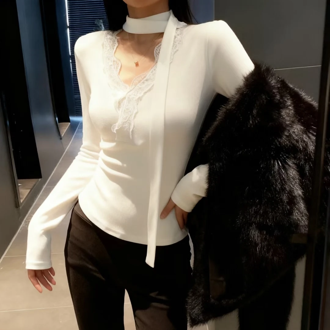 Winter 2025 Women's Slim Fit Long Sve V-Ne Lace Splicing Fce Base irt Warm Thermal Knitwear T-irt Commute Sle