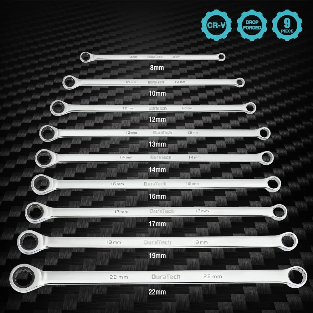 ชุดประแจวงล้อยาวพิเศษ ชุดประแจปลายกล่องคู่ เมตริก 9 ชิ้น 8,10,12,13,14,16,17,19,22 มม., เหล็ก CR-V