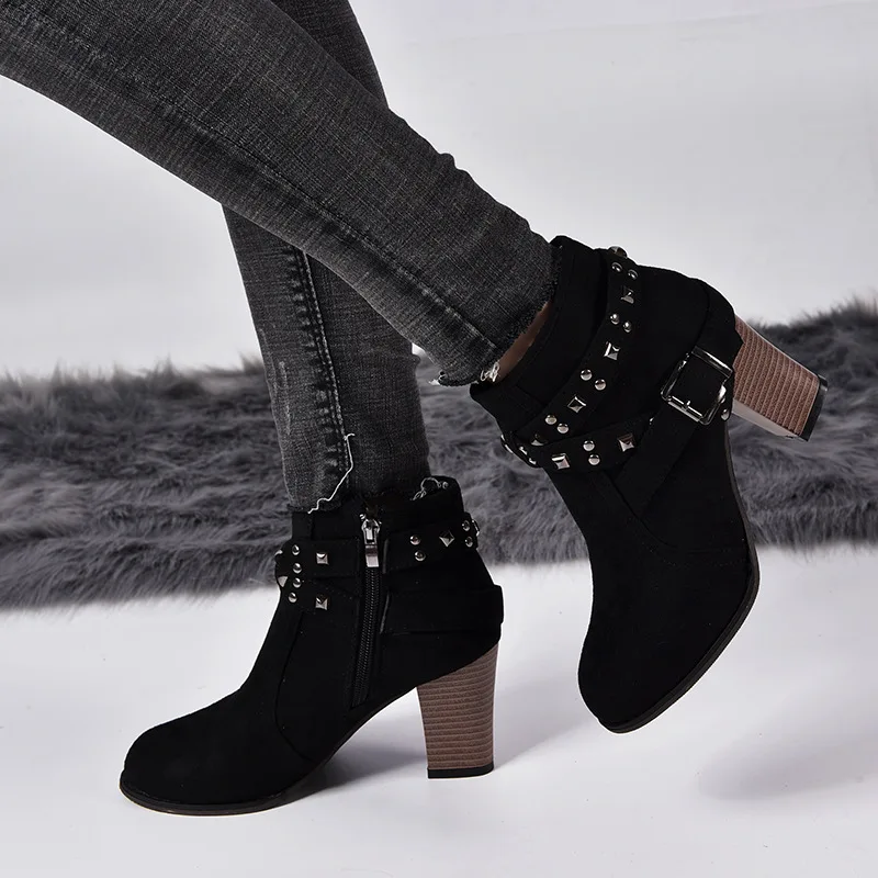 2024 Winter Ankle Boots Women High-heel Ladies Leopard Shoes Zipper Suede Office Buckle Rivets Metal Decoration Mature Party