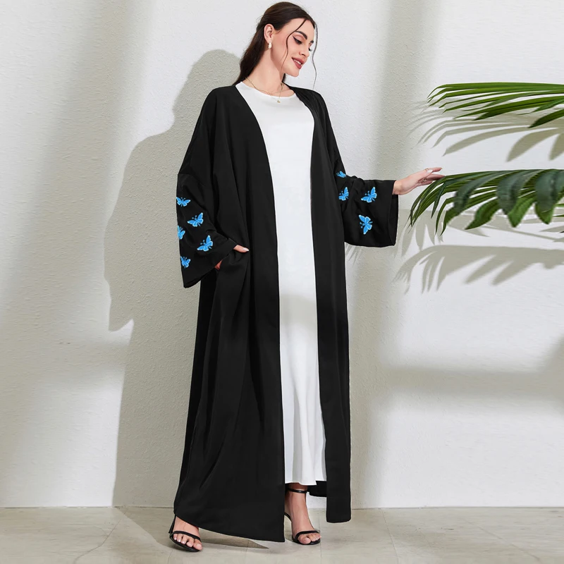 Muslim Eid Women Modest Solid Open KImono Abayas With Butterfly Embroidery Moroccan Saudi Kimono Kaftan Islam Clothing Robes