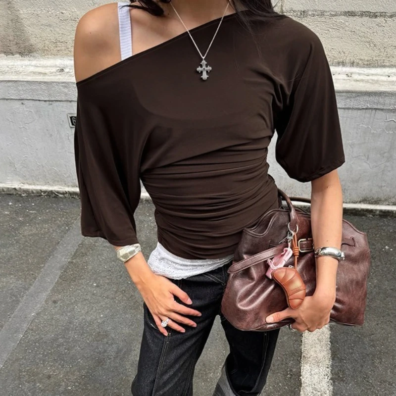 Typhaland Sexy Lace-Up T-Shirt Women's Loose Waist-Cinching Stylish Casual Solid Cropped Top 2026 Summer New High Street T-Shirt