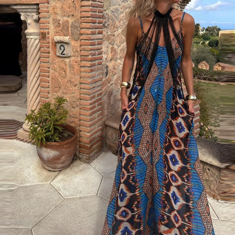 

Women High Street Sexy V-Neck Bohemian Slim Dress Casual Female Pattern Print Suspender Party Dress Retro Sleeveless Maxi Dress