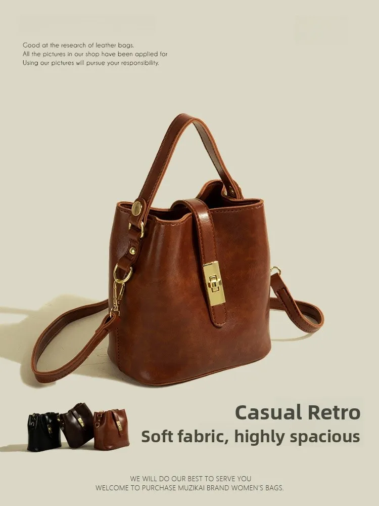 

MuziKai Retro Bucket Bag Casual Commuter Crossbody Bag Versatile Shoulder Handbag Polyester Pure Color Soft PU Leather