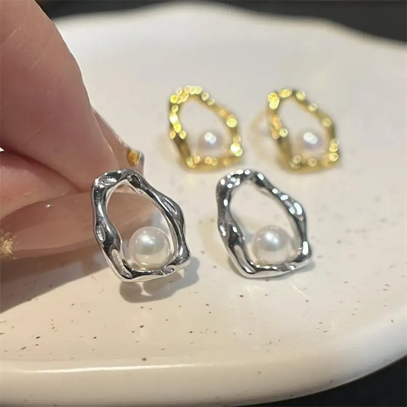 

Minimalist Irregular Pearl Stud Earrings 925 Silver, 4-5mm Natural Pearl, Gold/Silver Color, Korean Style Women's Jewelry