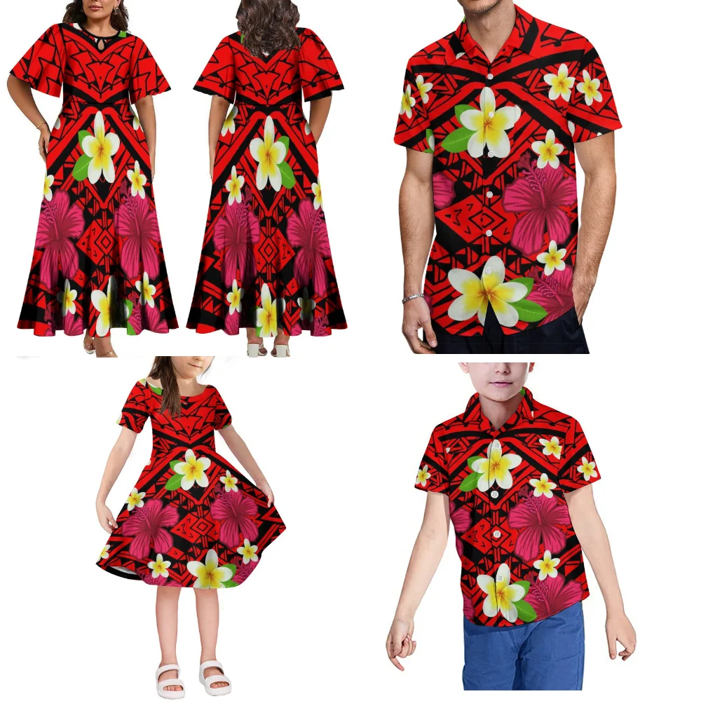 Family Party Set Custom Polynesian Tribal Ethnic Design Women's Dress Men's Shirt Boys Shirt Girls Dress 2024 New Model