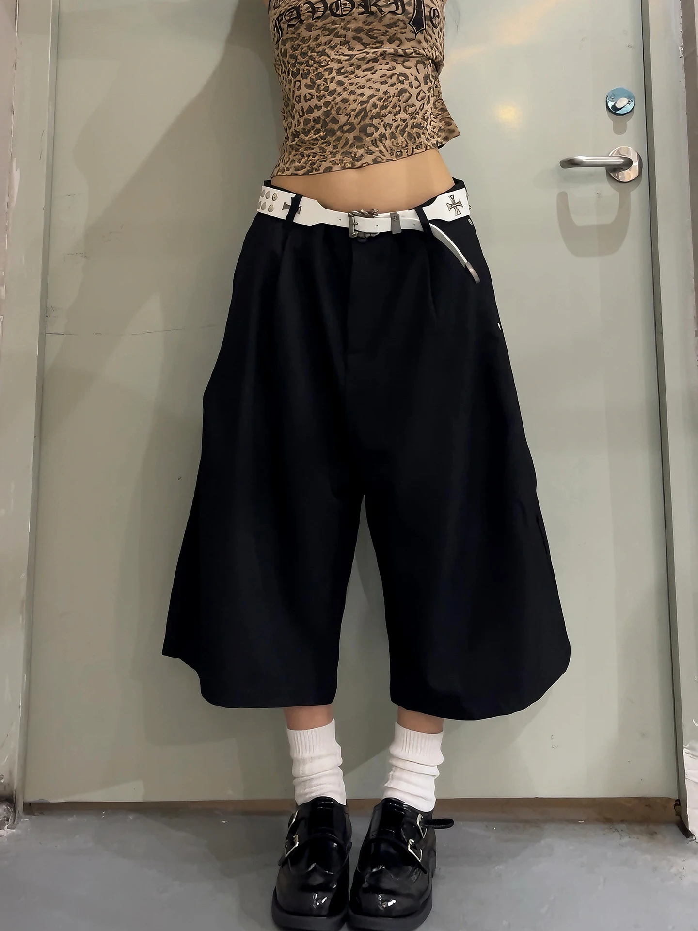 American Retro Cleanfit Pleated Wide Leg Casual Seven-Foot Suit Pants High Waist Straight Cut Polyester No Stretch Summer Shorts
