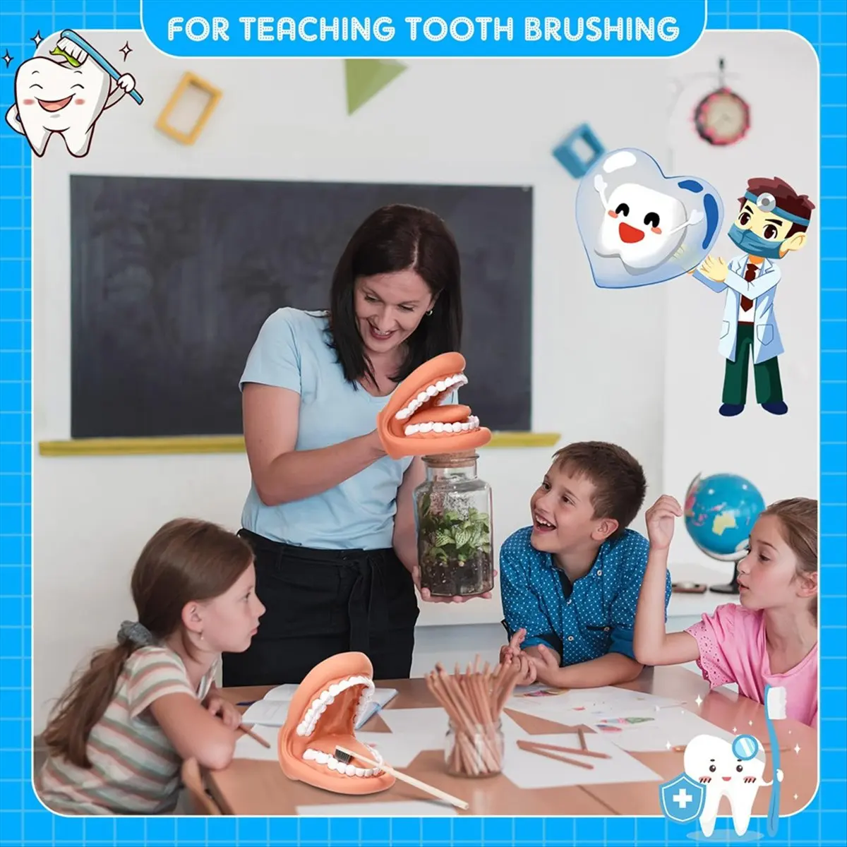 A56K 1Pcs Mouth Puppet with Tongue Teeth Mouth Hand Puppet Dental Mouth Model with Toothbrush for Boy Girl Educational Tool