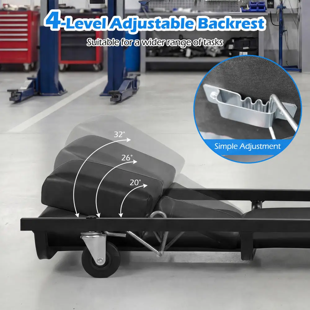 40 Inch Rolling Creeper Seat, Heavy Duty Mechanic Cart With Adjustable Backrest And Headrest, 6 Swivel Casters For Garage Workshop Auto Repair, Black