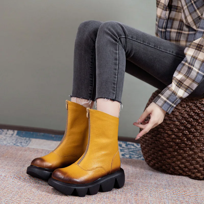 Koznoy 5.5cm Genuine Leather Platform Wedge Ankle Boots Autumn Spring Mid Calf Motorcycle Booties Zipper Plush Women Warm Shoes