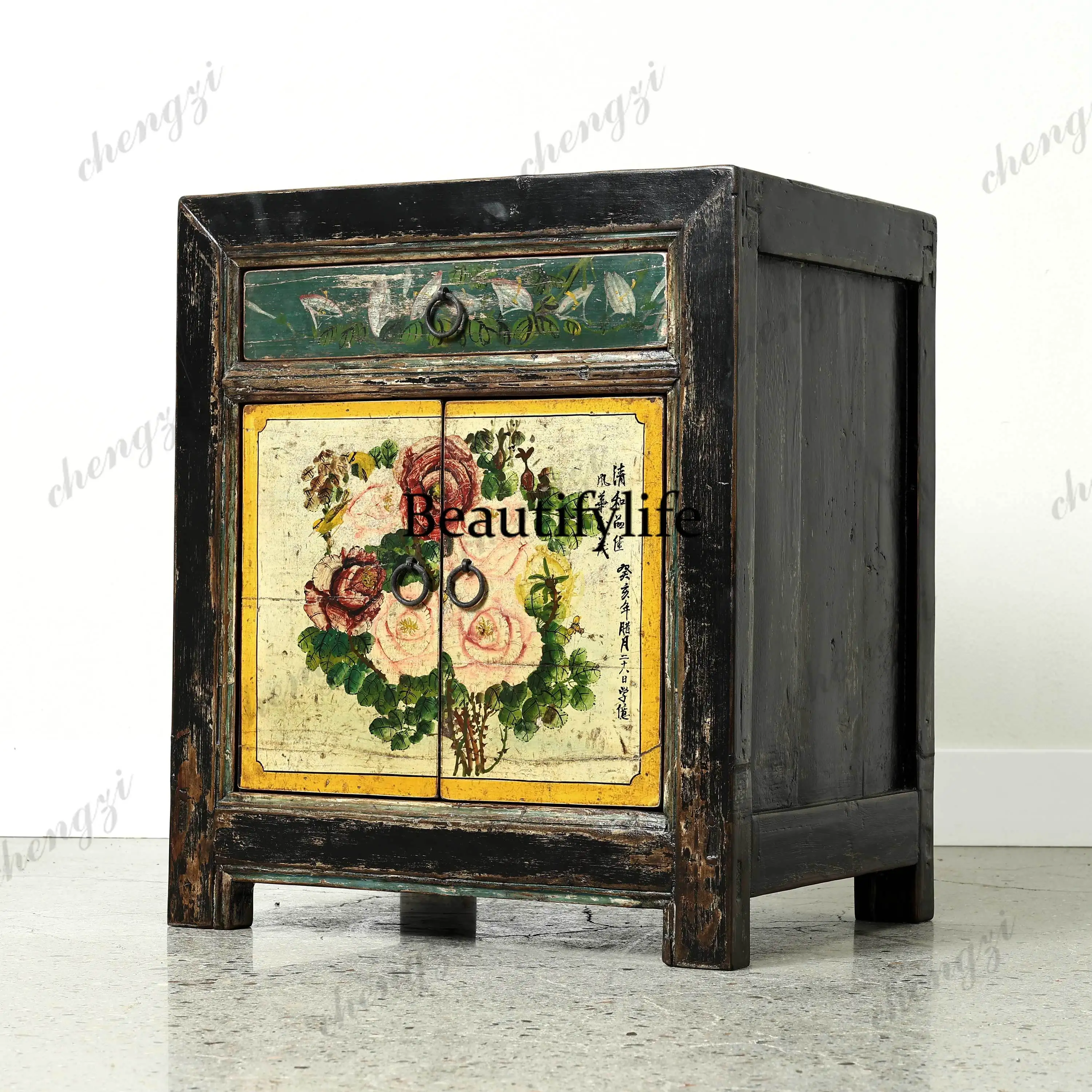 Retro living room porch cabinet decorative cabinet solid wood Chinese flower pattern living room furniture
