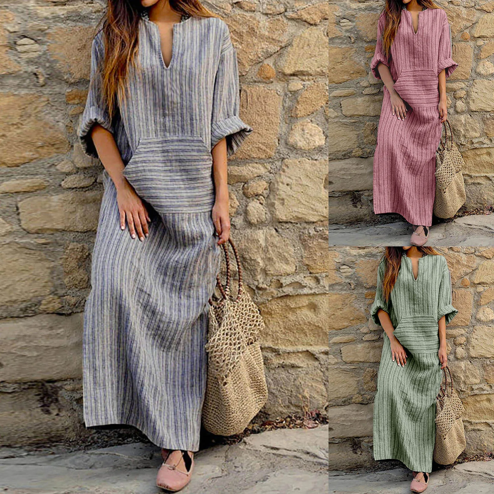 Loose Summer Long And Yarn-Dyed Fashion Dresses Striped Dress Women's Cotton Women's Dress Party Female Bride Wedding Sexy