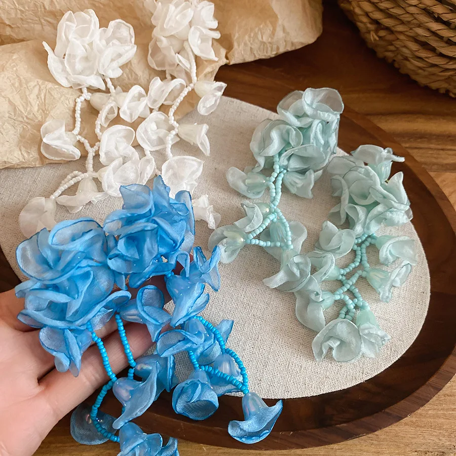 Exaggerated Blue Flower Tassel Earrings for Women Beautiful Ins Style Ear Accessories Hawaii Vacation Jewelry Accessories