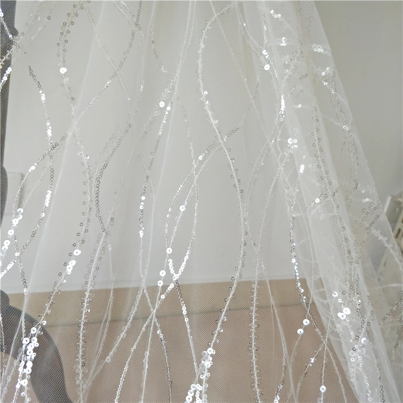 

White Water Wave Ribbon Stripe Embroidered Sequin Lace Fabric Bridal Wedding Dress Material with Floral Trim