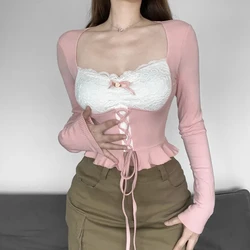 Lucyever Pink Lace Patchwork Long Sleeve T-Shirt Women Sexy Slim Fit Lace-Up Low-Cut T-Shirts Waist-Tight Ruffles Blouse Female