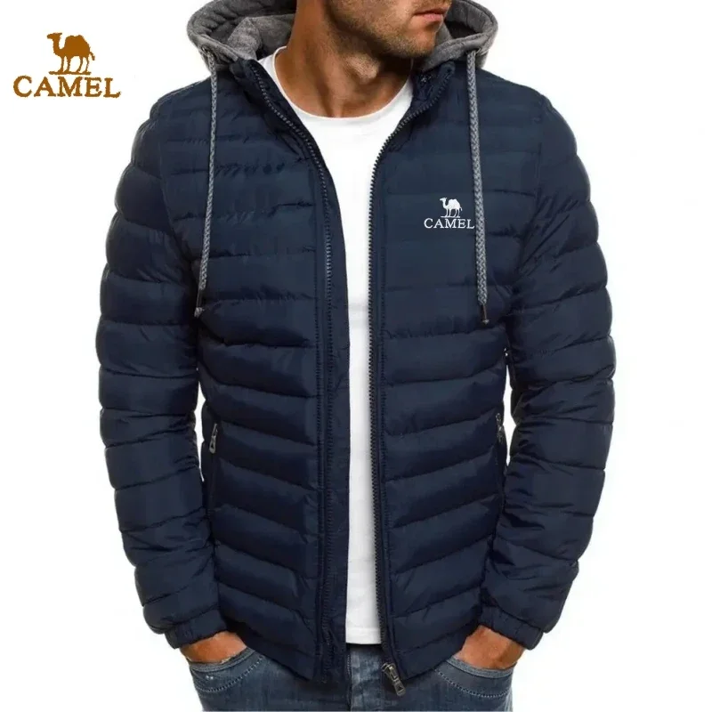 Autumn and Winter Men\'s Embroidered CAMEL Hooded Warm Cotton Jacket, New Fashionable Casual Outdoor Windproof Detachable Top