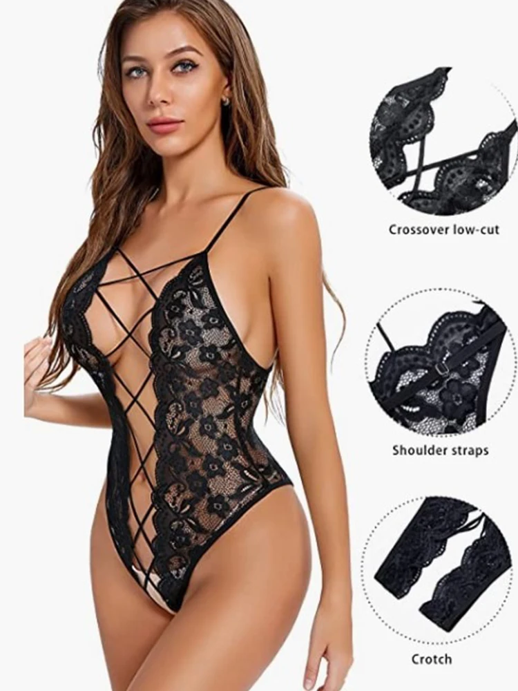 ホットでセクシーなシアーレースボディスーツ、女性用セクシーランジェリー、ファッショナブルなクロスオーバーレースアップトップ、エロティックな秘密の下着、ポルノ衣装、セクシーセット、新作
