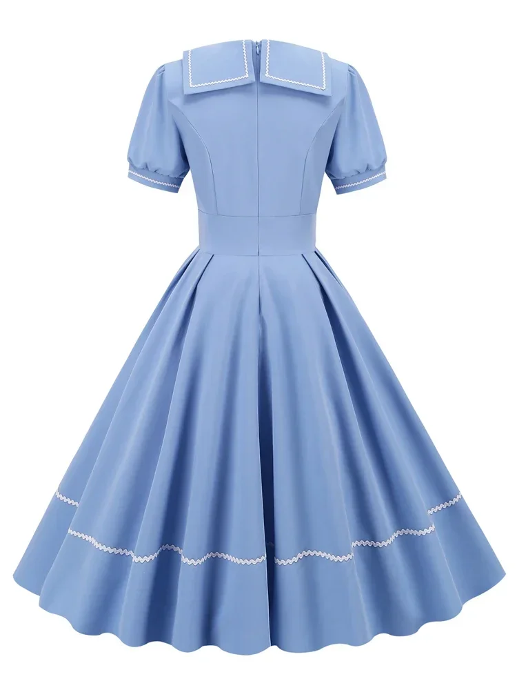 50s 60s Hepburn Style Short Sleeve Swing Retro Vintage Dress Light Blue Peter Pan Collar Robe Femme Women A Line Party Dresses