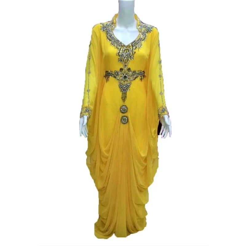 

Yellow Dubai Farasha Abaya Kaftan Islamic Dress Arabian Long Gown Fancy Dress Sexy Costume Women