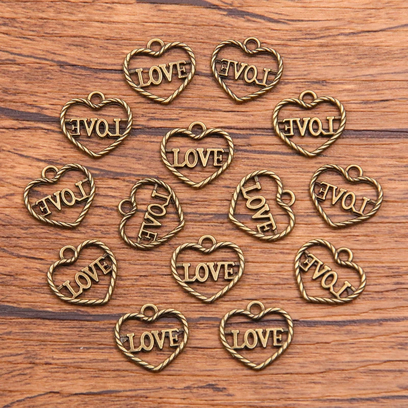 50PCS 13X14mm 2 Color Wholesale Metal Alloy Hollow Heart Charms Letter LOVE Pendant For Jewelry Making DIY Handmade Craft