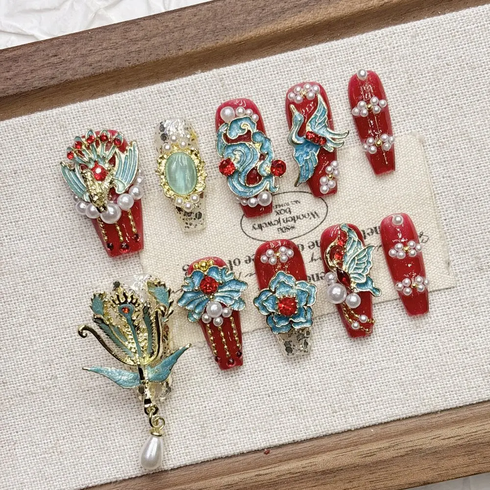 New Chinese Style Phoenix Peony Court Press On Nails Flexible Acrylic 3D Enamel Pearl Tassel Ideal for Hanfu Cheongsam Tradition