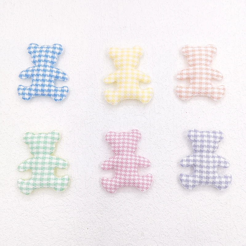 60Pcs/Lot 3.5*4.2CM Lattice Fabric Bear Padded Appliques For DIY Handmade Children Headwear Garment Accessories Patches