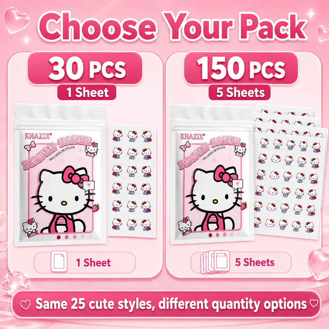 30pcs/150pcsHello Kitty Hydrocolloid Pimple Patches, Cute Cartoon Acne Cover Stickers, Breathable Waterproof Face Care Patches - view 2
