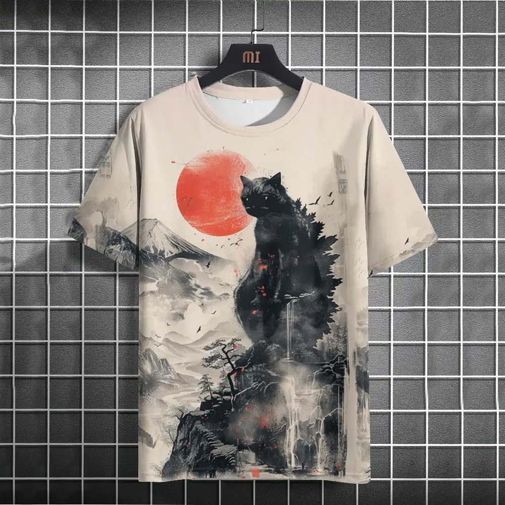 Japanese Style T-Shirt For Men Godzilla And The Cat Graphic T Shirts Printed Short Sleeve T Shirts Oversized Men's Clothing Tops