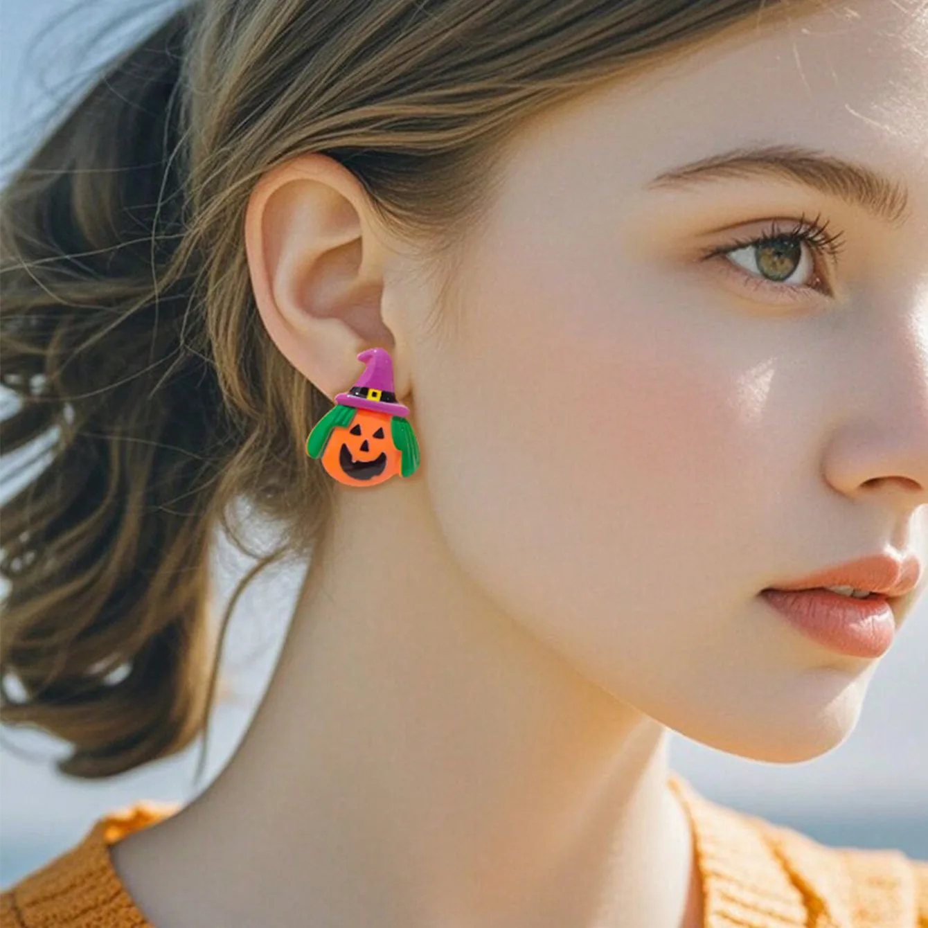 Orange pumpkin Purple Magic hat emoji cartoon Halloween earrings cute funny creative holiday party color best-selling