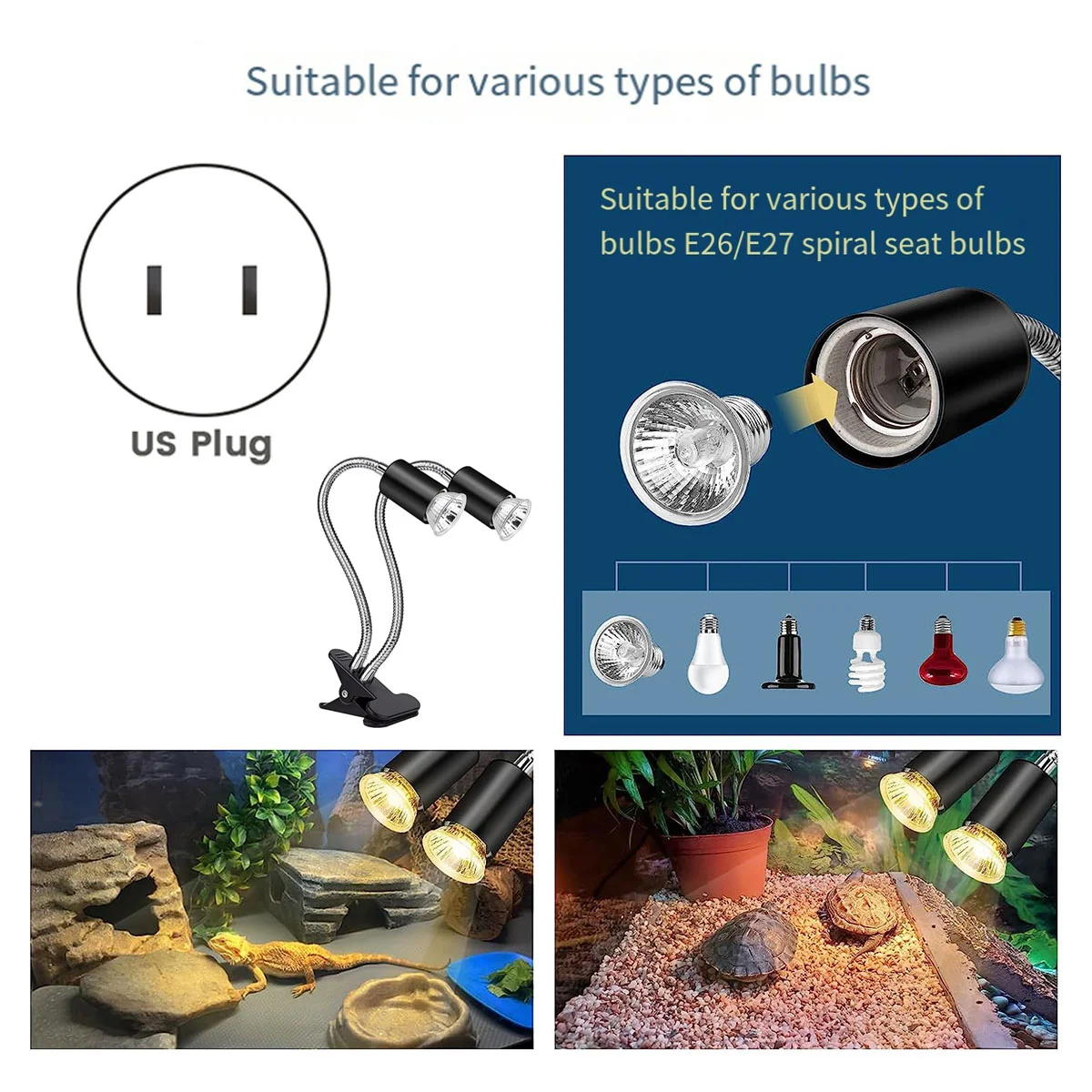 GET! Reptile Heat Lamp, Double-Head Heat Lamp with Clamp,Reptile Light with Cycle Timer for Turtle, Bearded Dragon US Plug