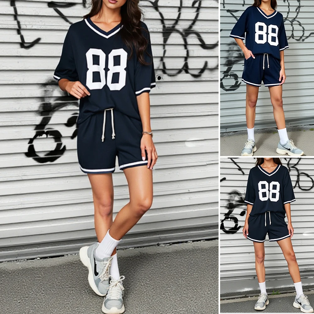 

Mia Muse Boutique Korean Digital Printing Sets Half Sleeve V-Neck T-Shirts High Waist Wide Leg Shorts Casual Sets for Women