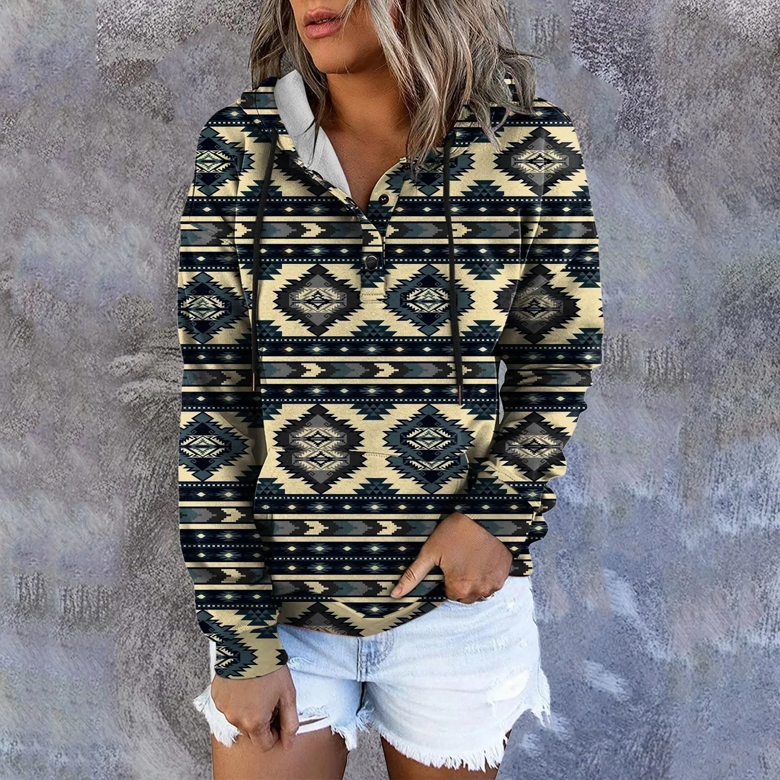 Womens Fashion Sweatshirt Ethnic Print Boho Western Retro Pattern Hoodie Pullover Button Hooded Jacket Woman Winter Clothes