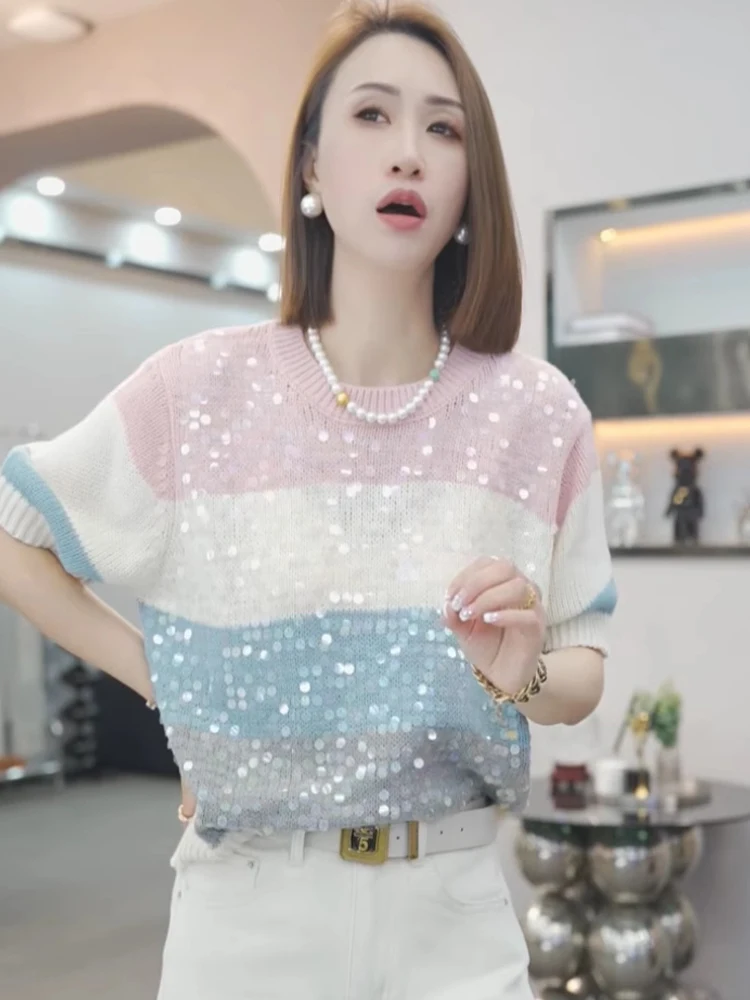 Ele Lavorato a maglia rotondo Ne ort Sve irt Soft iny Paillettes a righe Colore Blo Gentle Top Versatile Summer Faion Donna...