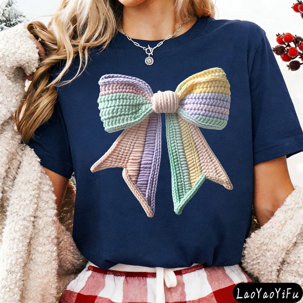Rainbow Imitate Knit Bow Women T Shirt Casual Fashion Bow Prints Tops Cotton T Shirt  Short Sleeve Tees Y2k Tops Women Clothing