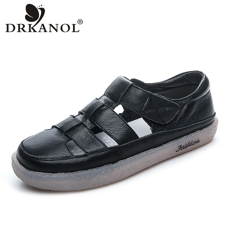 DRKANOL Concise Women Sandals Slippers Women Genuine Leather Hollow Out Flat Summer Shoes Ladies Comfort Soft Casual Sandals