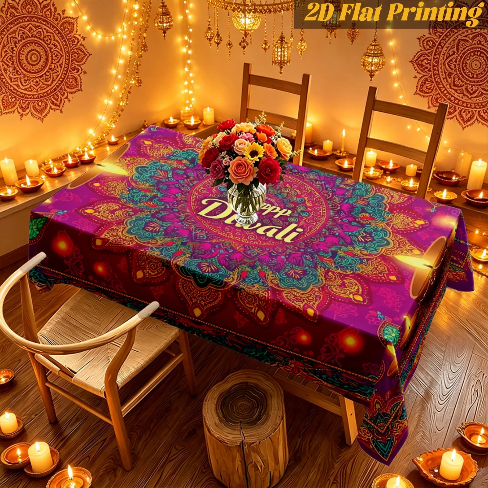 Happy Diwali Mandala Rectangle Tablecloth for Table Decor Reusable Festival of Lights Kitchen Dining Tablecloth Diwali Decor