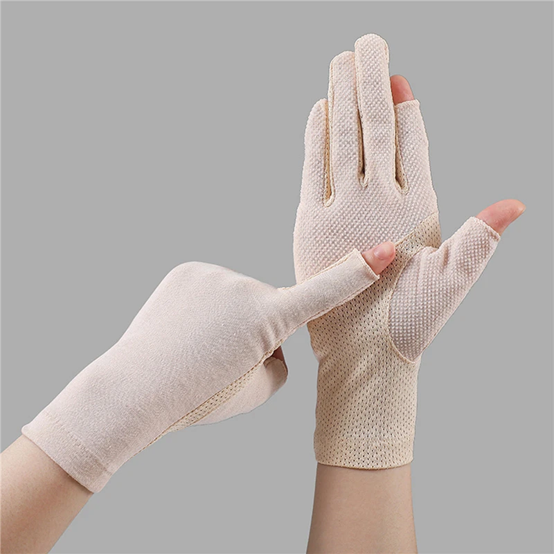 Guantes cortos finos de poliéster y algodón para mujer, antideslizantes, transpirables, y protección solar para conducción, novedad de verano, 2024