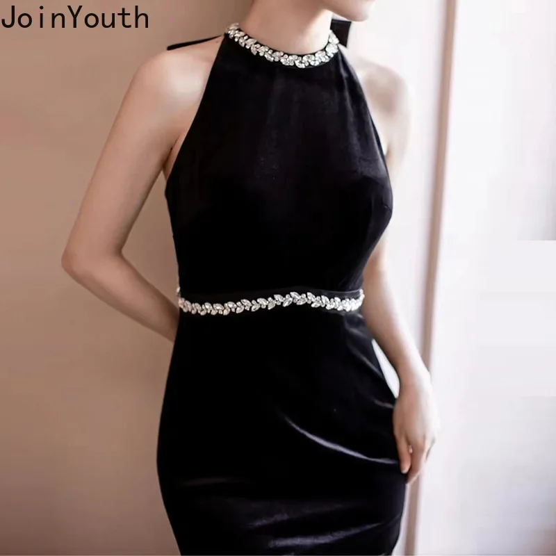 Temperament Black Robe Femme Party Dresses for Women 2024 Vestidos De Mujer Bow Sexy Backless Tunic Diamond Summer Maxi Dress