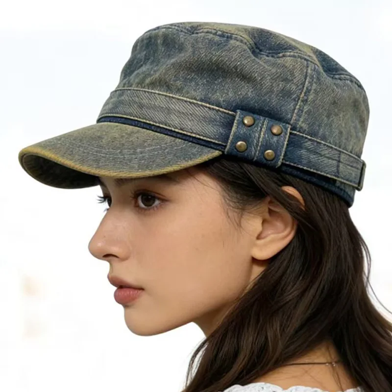 High-Quality Vintage Studded Washed Denim Baseball Cap for Women Casual Equestrian Hat Trendy Navy Cap