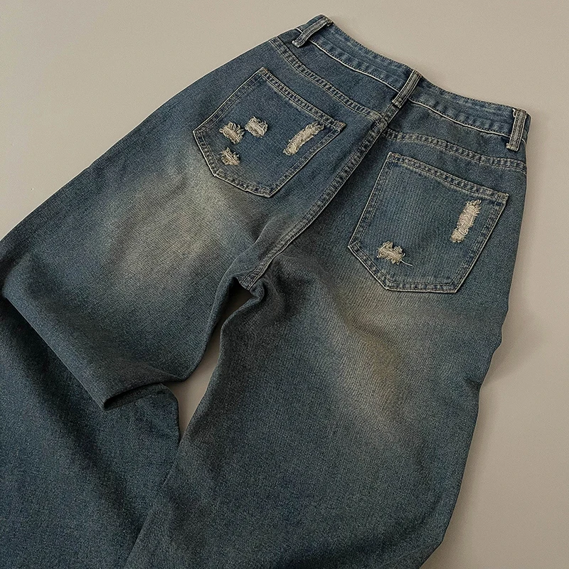 

Deep Blue Distressed Washed Jeans Women Autumn Vintage Ripped High Wasit Loose Wide Leg Pants Female High Street Denim Pant
