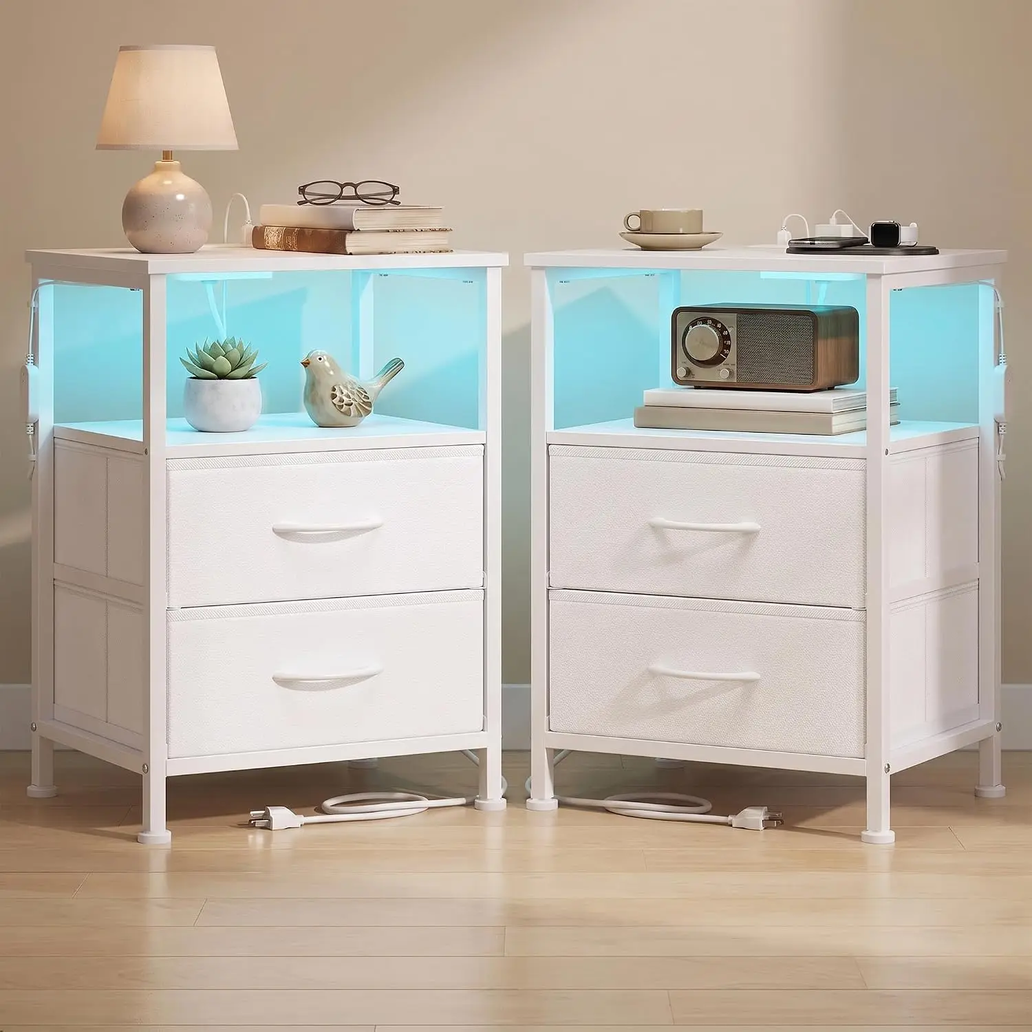 Nightstand Featuring a Built-In Charging Station and Two Fabric Drawers