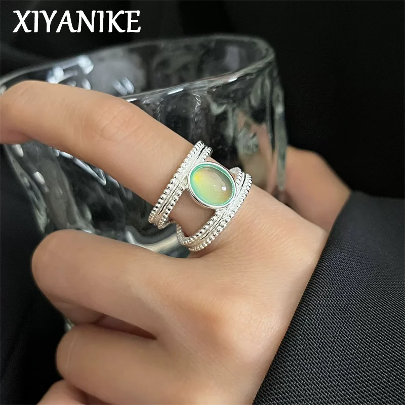

XIYANIK Double-layered Green Stone Adjustable Rings For Women Vintage Fashion New Jewelry Gift Party Wedding Wholesale anillos