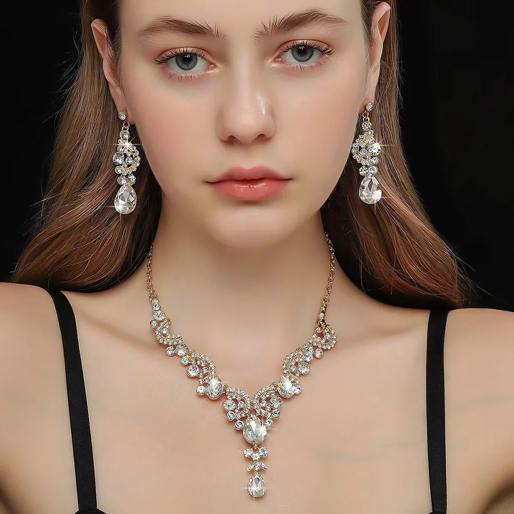 3pcs Luxurious Bridal Hair Accessories Women\'s Banquet Ceremony Accessories Fashion Bridal Jewelry Necklaces Earrings Crowns Set