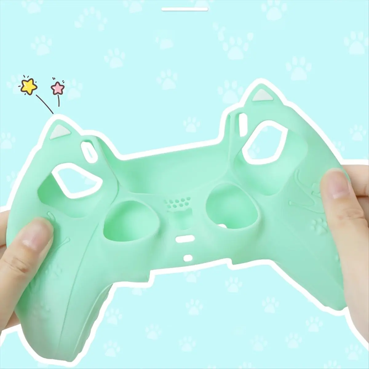 Hot Sale Silicone Cartoon Theme Cat Ear Handle Protective Cover for Protective Cover with Joystick Cap Green