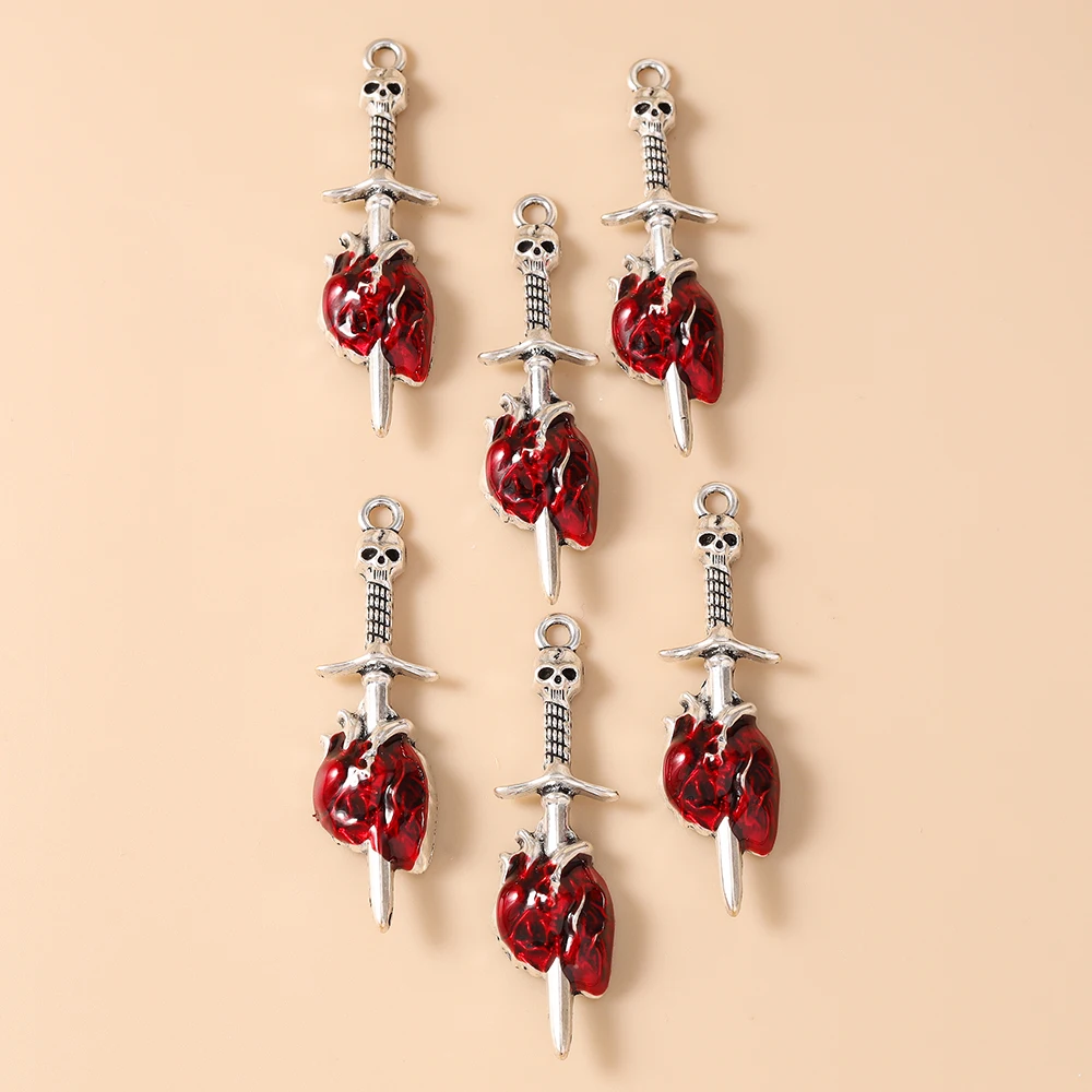 Leslie 10pcs 13*49mm Fashion Red Sacred Heart Sword Charms Gothic Pendants For Making Handmade DIY Jewelry Accessories Finding