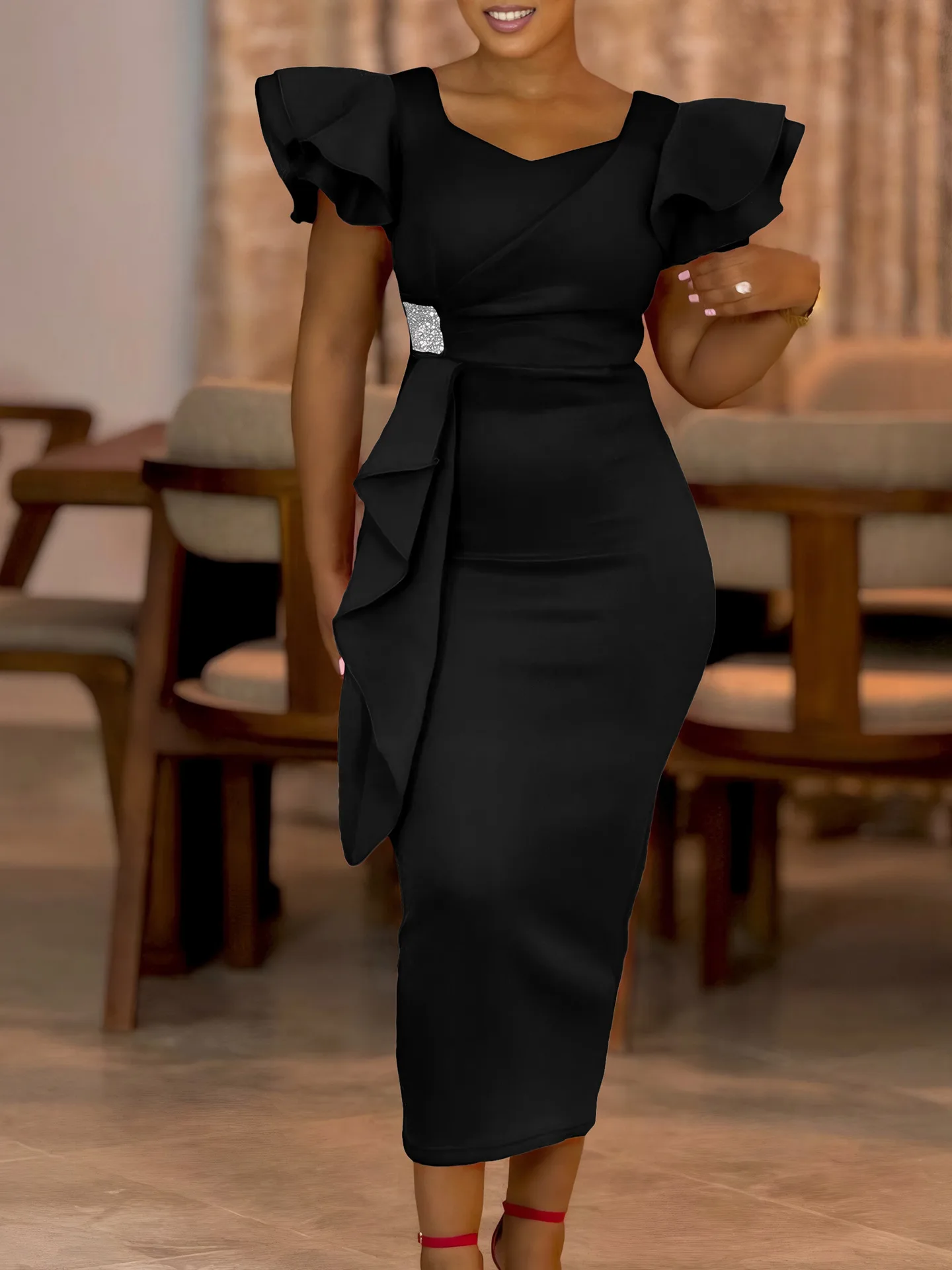 Elegant Ruffled Solid Color Bag Mid-Length Dress Spring  Fashion Hip Temperament New Arrivals