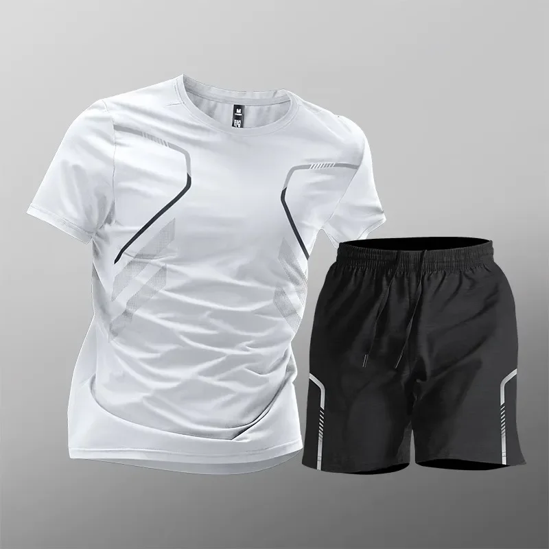 Men's Quick-Dry Sports Set Short Sleeve Gradient T-Shirt Drawstring Shorts